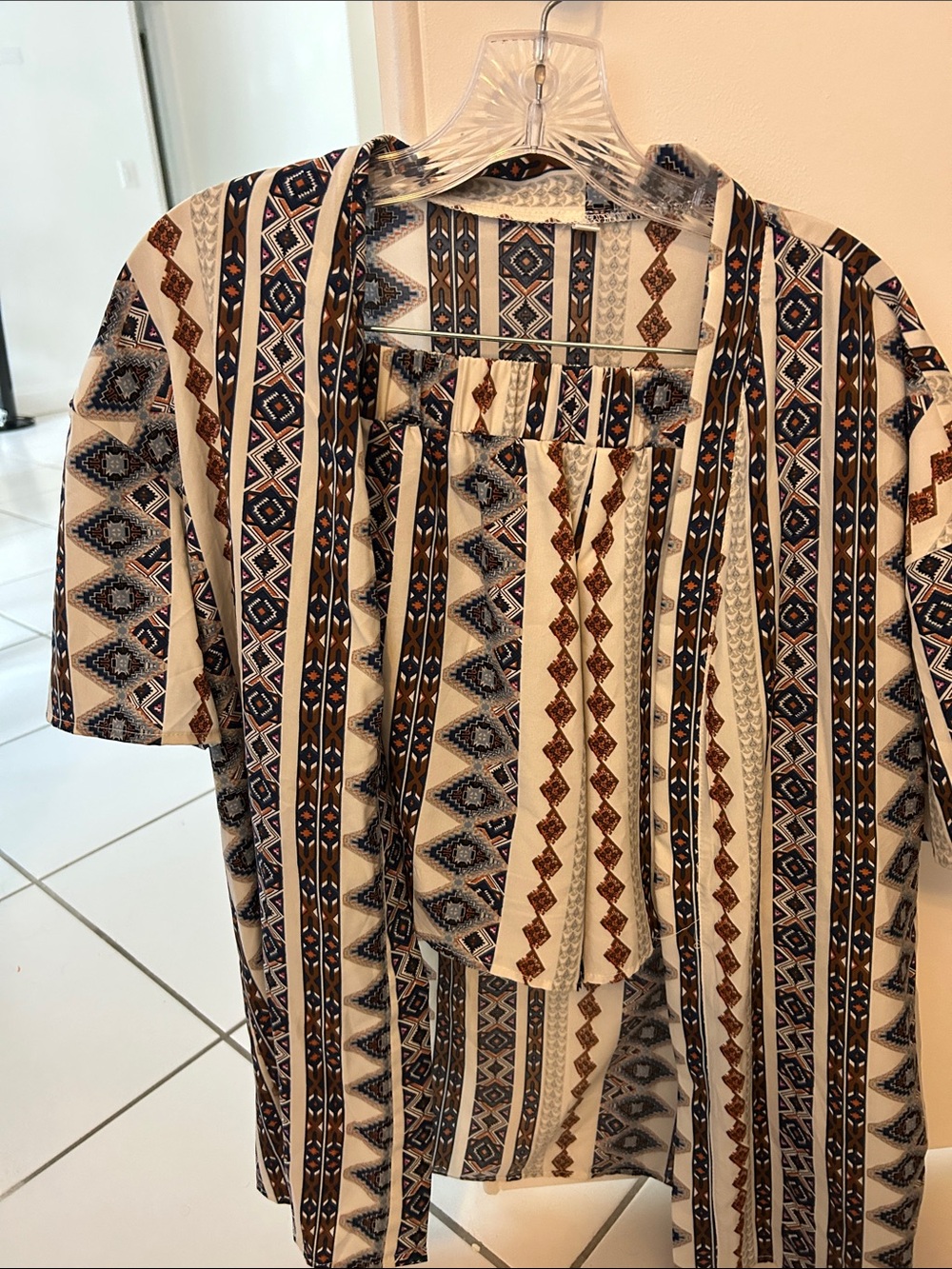 Women’s Cream Aztec-Print Short Sleeve Blouse and shorts